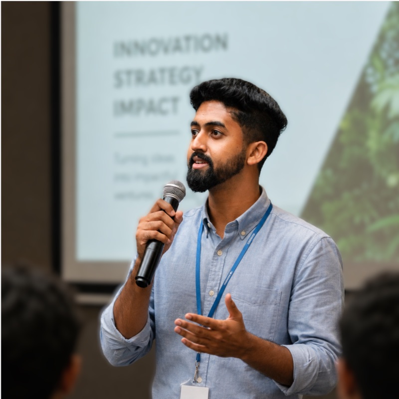 Arsh Shrikant Chavan speaking at a talk on innovation strategy